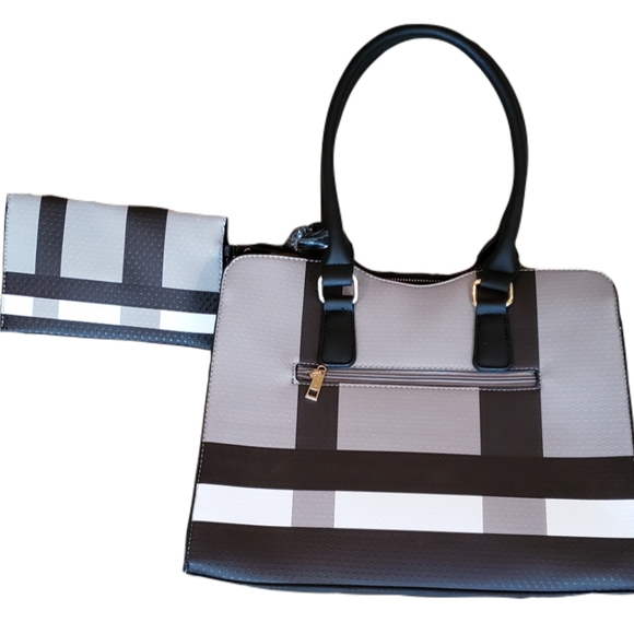 Vegan Plaid Medium Handbag w/ Wristlet - Picture 2 of 4